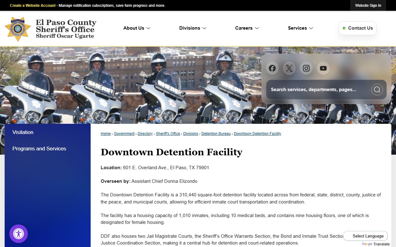 Official El Paso County Downtown Detention Facility page showing facility details