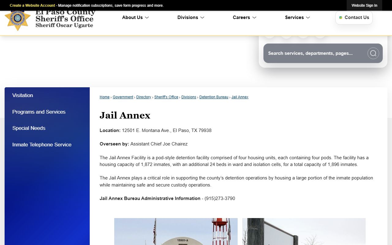 Official El Paso County Jail Annex page showing address and bed count details
