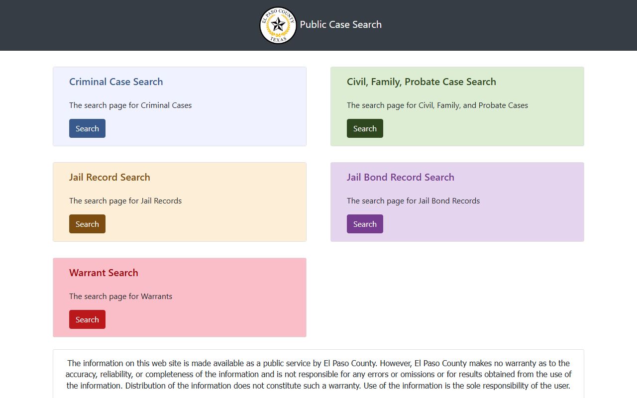 El Paso County inmate search Public Case Search landing page