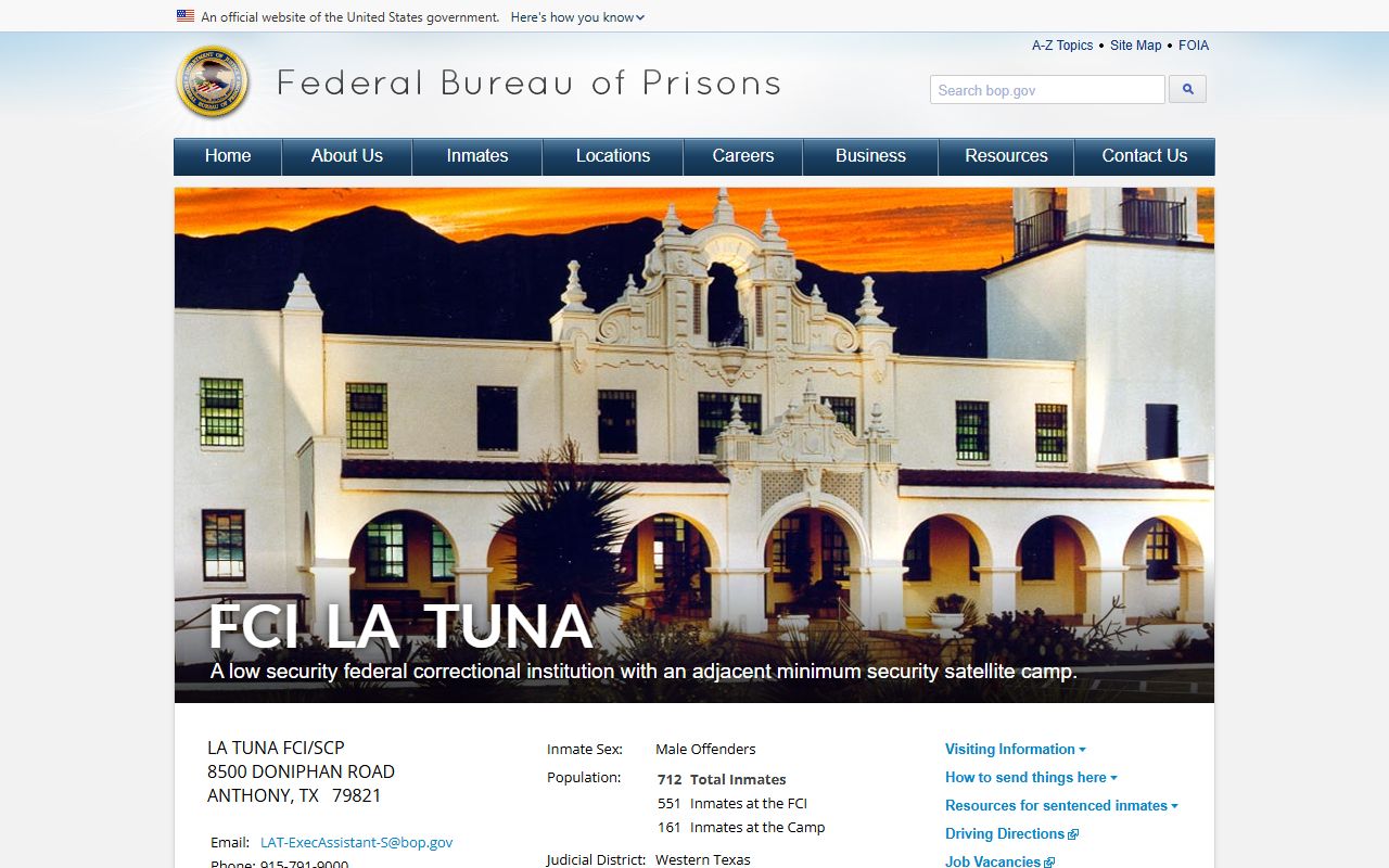 Official BOP page for Federal Correctional Institution La Tuna
