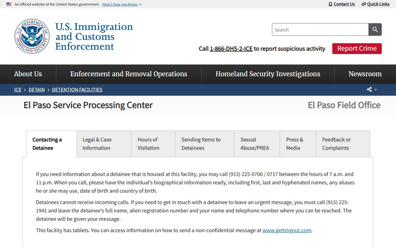 Official ICE El Paso Service Processing Center facility page