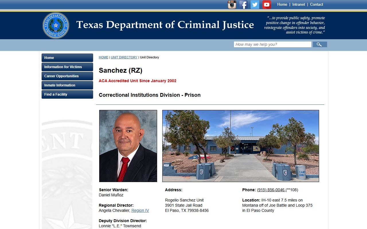 Official TDCJ Rogelio Sanchez State Jail unit directory page