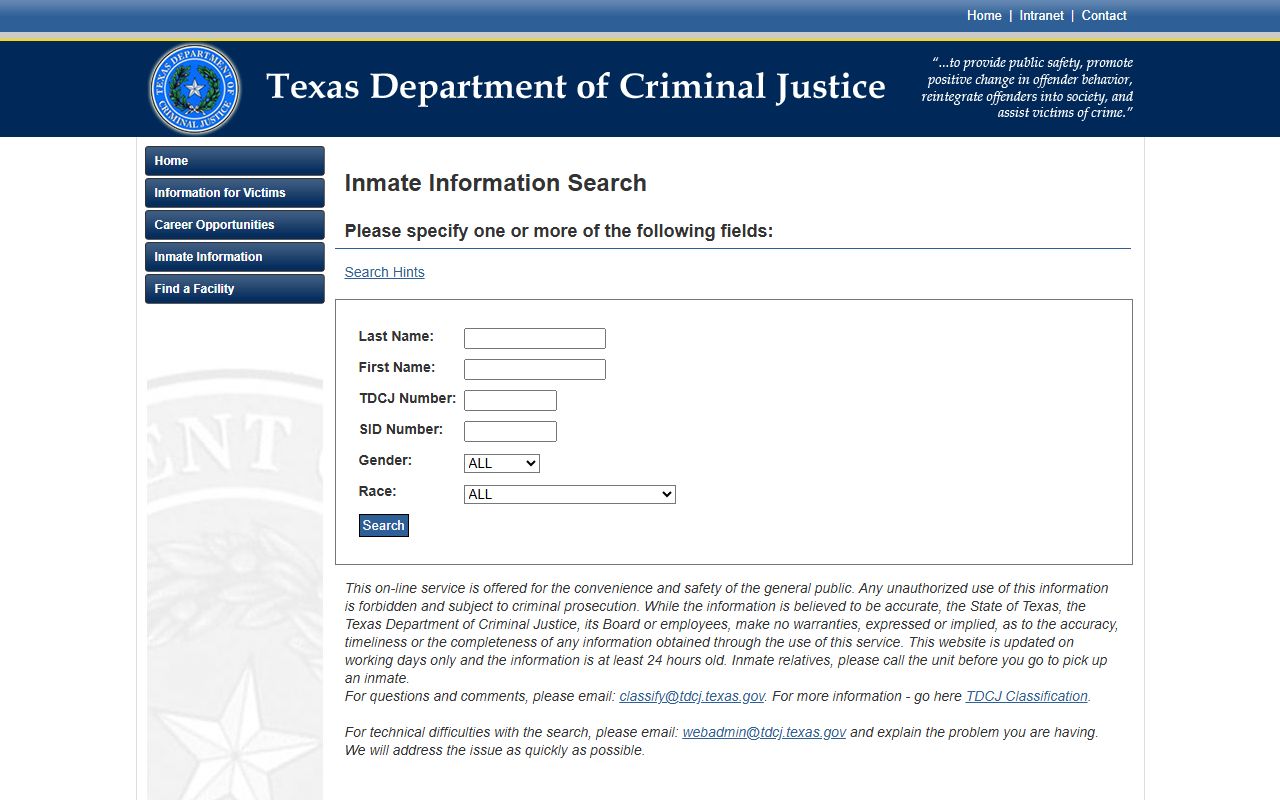 TDCJ statewide inmate search page for Texas state custody lookup